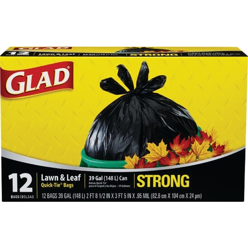Lawn and Leaf Bag, 32-1/2 in L, 38 in W, 39 gal, Black, Quick Tie - pack of 12