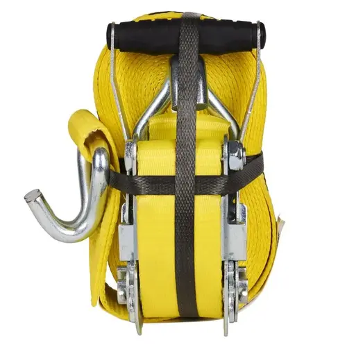 Tie-Down, 2 in W, 27 ft L, Polyester, Yellow, 3333 lb, J-Hook End Fitting