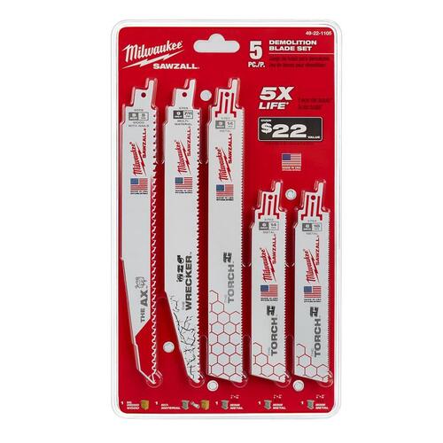 Reciprocating Saw Blade Set, 5-Piece, Bi-Metal, White