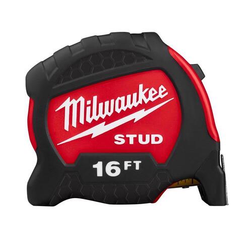 STUD Series Tape Measure, 16 ft L Blade, 1-19/64 in W Blade, Steel Blade, ABS Case, Black/Red Case