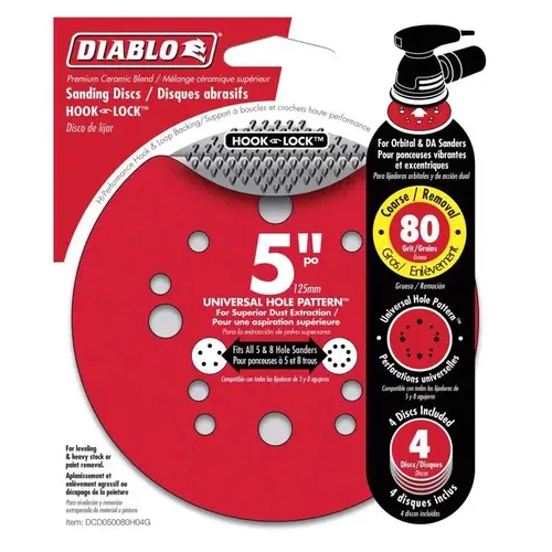 Sanding Disc, 5 in Dia, 80 Grit, Coarse, Ceramic Abrasive, 12-Hole - pack of 4