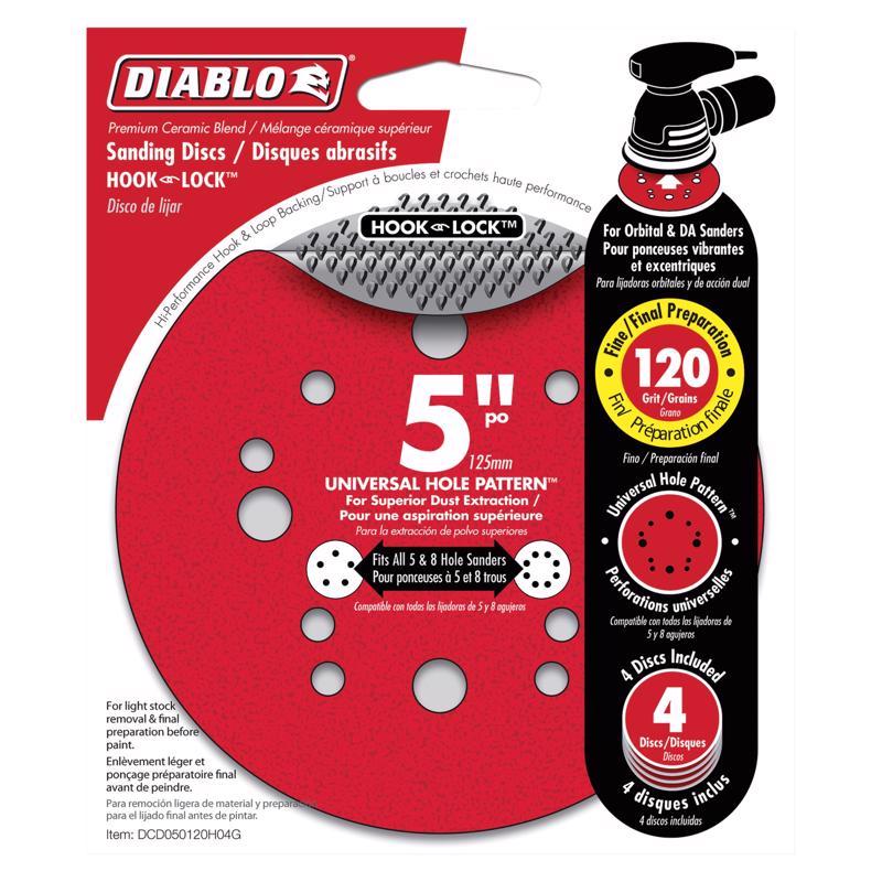 Diablo DCD050120H04G Sanding Disc, 5 in Dia, 120 Grit, Fine, Ceramic Abrasive, 12-Hole - pack of 4