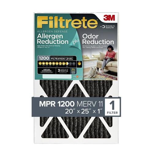 Air Filter, 25 in L, 20 in W, 11 MERV, 85 % Filter Efficiency, Carbon Filter Media