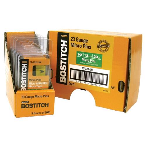 Bostitch PT-2312-3M Pin Nail, 0.64 in Dia, 1/2 in L, 23 ga Thick, Steel, Bright - pack of 3000