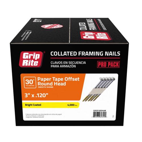 Grip-Rite GRSP10DH4M Framing Nails 3" 12 Ga. Angled Strip Bright 30 deg Bright