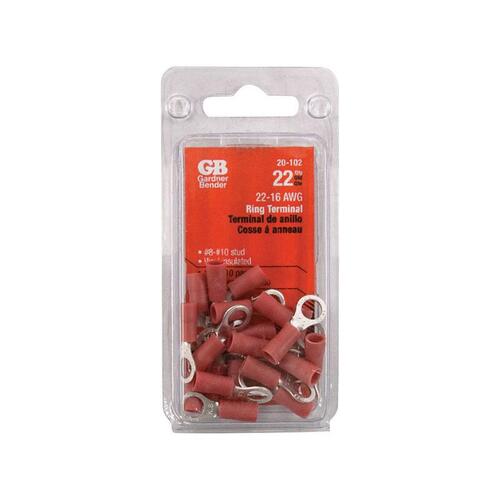 Ring Terminal, 600 V, 22 to 18 AWG Wire, #8 to 10 Stud, Vinyl Insulation, Copper Contact, Red - pack of 22