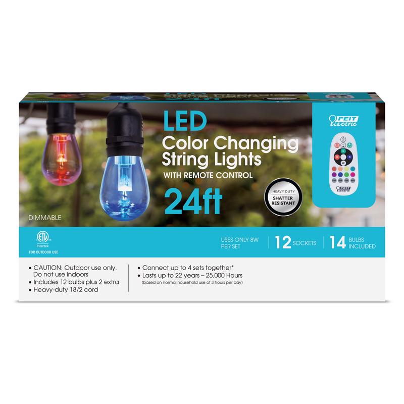 Feit SL24-12/RGBW LED Color-Changing Patio String Lights, Remote Control, 12 Sockets, 14 Bulbs, 24 Ft.