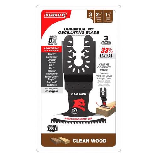Oscillating Blade Set 2-1/2" W Bi-Metal Curved Contact Edge Clean Wood