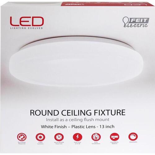 Flush Mount Ceiling Fixture, 120 V, LED Lamp, 1300 Lumens Lumens, 4000 K Color Temp, White Fixture