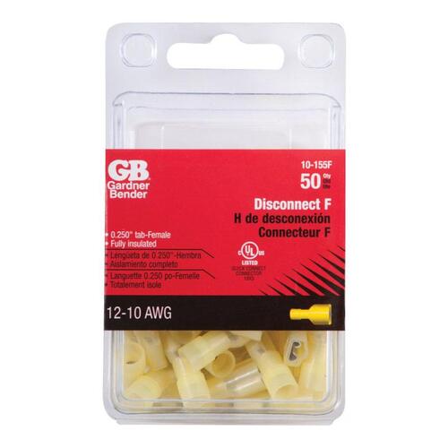 Disconnect Terminal, 600 V, 12 to 10 AWG Wire, 1/4 in Stud, Vinyl Insulation, Yellow - pack of 50