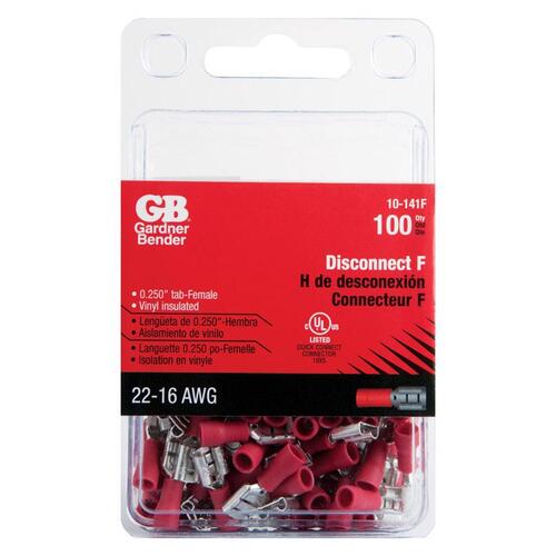 Disconnect Terminal, 600 V, 22 to 16 AWG Wire, 1/4 in Stud, Vinyl Insulation, Red - pack of 100