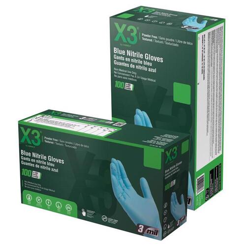 Ammex X346100 X3 Series Non-Sterile Disposable Gloves, L, Nitrile, Powder-Free, Blue - pack of 100