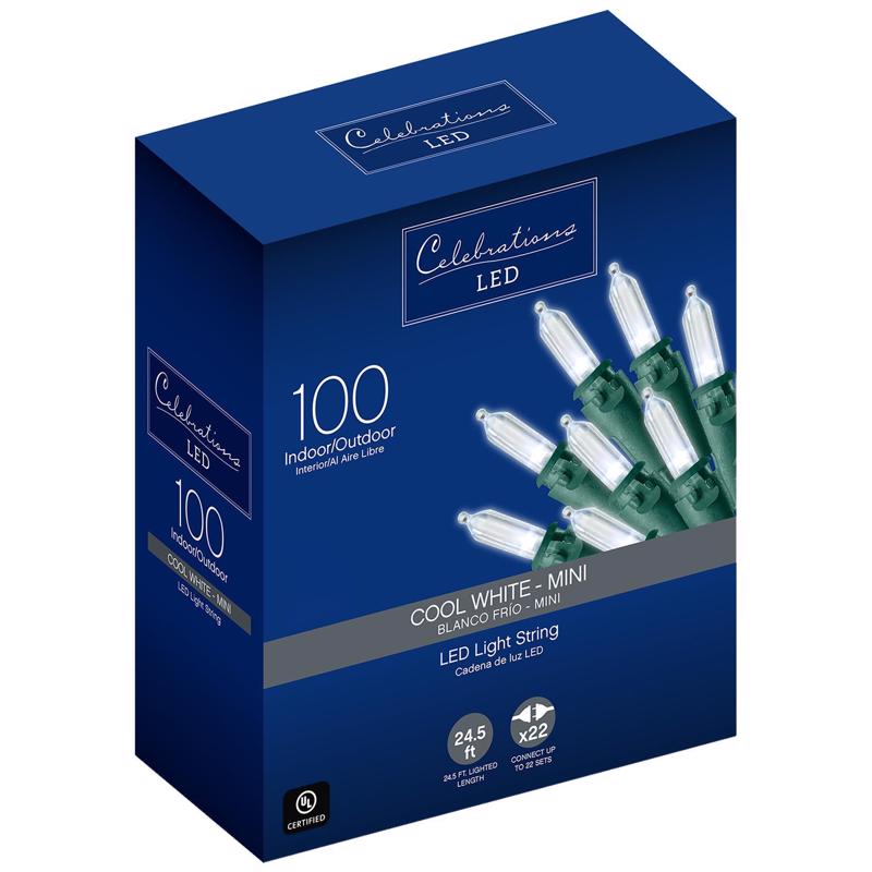 Celebrations 40839-71 Christmas Lights LED Mini Cool White 100 ct String 24.75 ft.