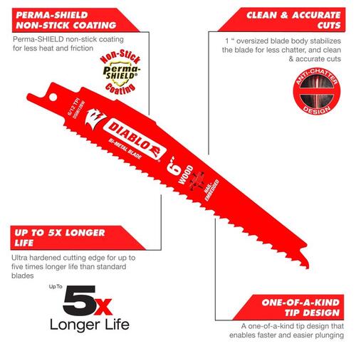 Reciprocating Saw Blade, 9 in L, 6/12 TPI Pair Red