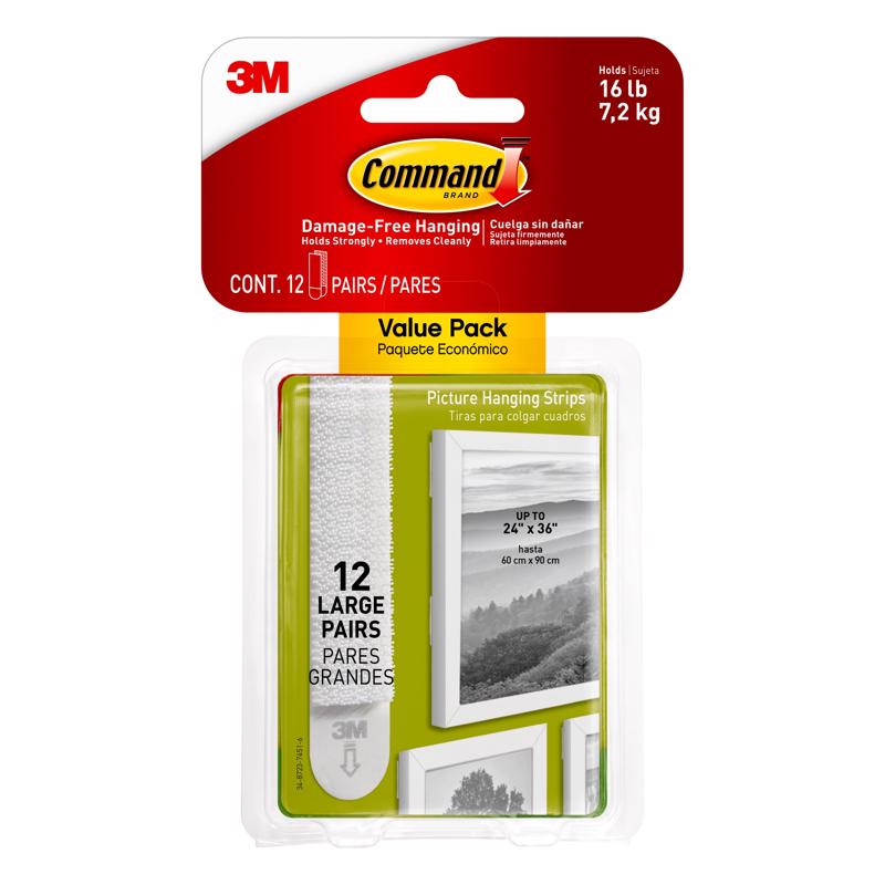 Command 17206-12ES Large Picture Hanging Strip, 3/4 in W, 3-5/8 in L, Foam Backing, White, 4 lb - pack of 12