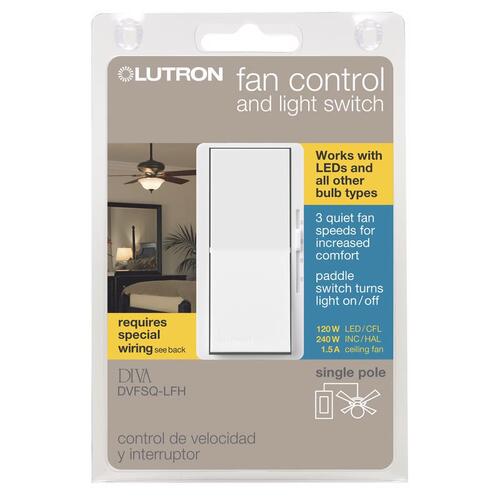 Fan and Light Control Switch, 1.5 A, 120 VAC, 120 W, LED Lamp, White