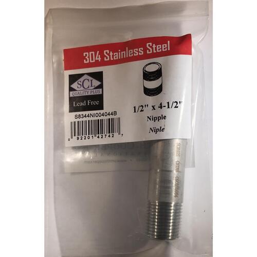 Smith-Cooper 4632101070 Nipple 1/2" MPT T X 1/2" D MPT Stainless Steel 4-1/2" L