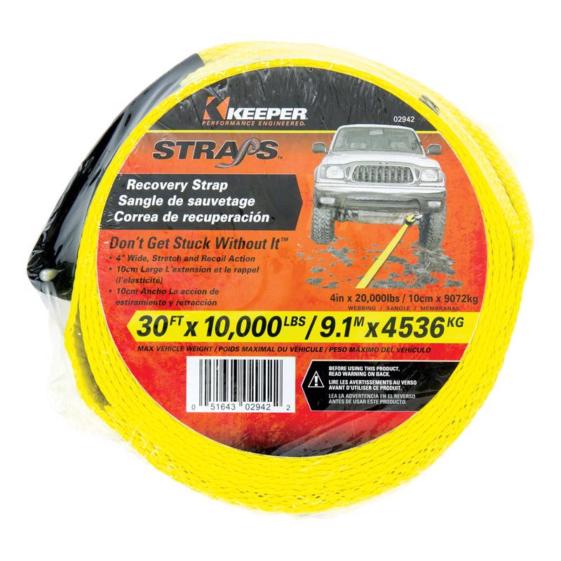 Keeper 02942 Recovery Strap with Ware Guard, 20,000 lb, 4 in W, 30 ft L, Hook End, Yellow