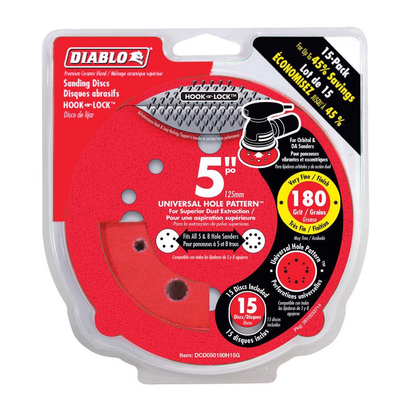 Diablo DCD050180H15G Sanding Disc, 5 in Dia, 180 Grit, Ceramic Abrasive, 5-Hole Red - pack of 15