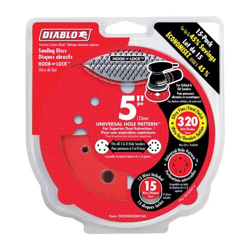 Sanding Disc, 5 in Dia, 320 Grit, Super Fine, Ceramic Abrasive, 12-Hole Red - pack of 15