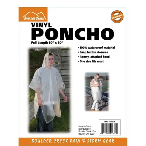 Rain Poncho Clear Vinyl One Size Fits All Clear