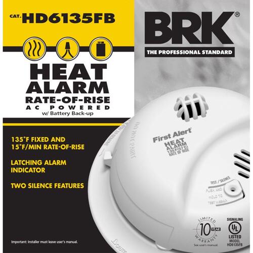 First Alert HD6135FB Heat Alarm with Battery Backup, 120 V, Thermistor Sensor, 50 ft Detection, Alarm: Audible