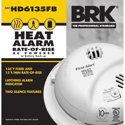 First Alert HD6135FB Heat Alarm with Battery Backup, 120 V, Thermistor Sensor, 50 ft Detection, Alarm: Audible White