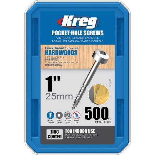 Kreg SPS-F1-500 Pocket-Hole Screw No. 2 S X 1" L Square Zinc-Plated Zinc-Plated