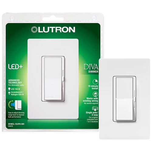 Lutron DVWCL-153PH-WH Diva C.L Dimmer with Wallplate, 1.25 A, 120 V, 150 W, CFL, Halogen, Incandescent, LED Lamp White