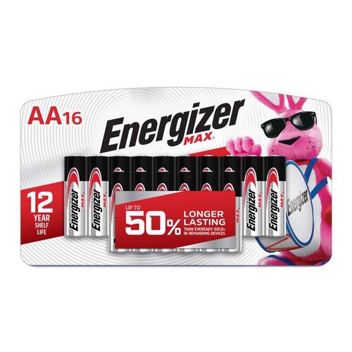 Energizer E91LP-16 E91 Battery, 1.5 V Battery, 2850 mAh, AA Battery, Alkaline, Manganese Dioxide, Zinc, Red - pack of 16