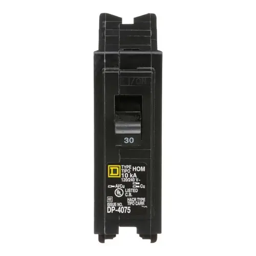 Homeline Circuit Breaker, Mini, 30 A, 1 -Pole, 120 V, Fixed Trip, Plug Mounting, Black