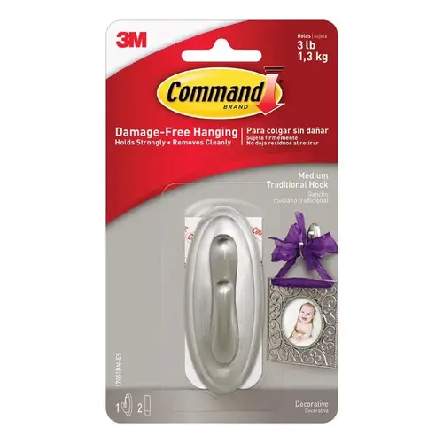 Hook Command Medium Plastic 3.125" L Brushed Nickel - pack of 4