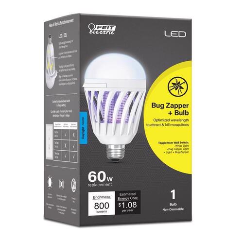 Bug Zapper and Light Bulb, 9 W, Cylinder Bulb, E26 Base, LED Lamp, 800 Gloss White