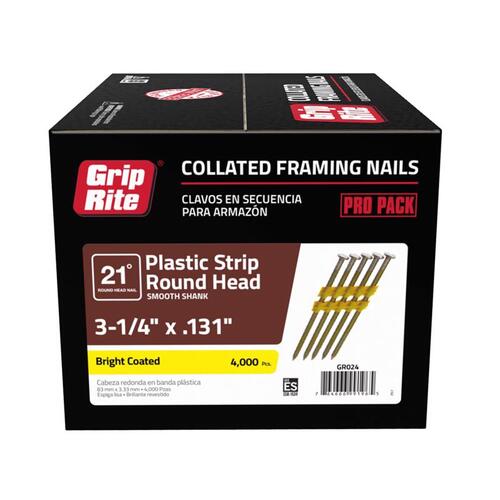 Grip-Rite GR024 Framing Nails 3-1/4" 10-1/4 Ga. Angled Strip 21 deg Smooth Shank Bright
