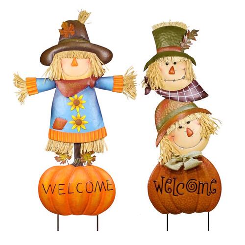 ALPINE LCE205A Outdoor Garden Stake Multicolored Metal 23.3" H Welcome Pumpkin and Scarecrow Multicolored