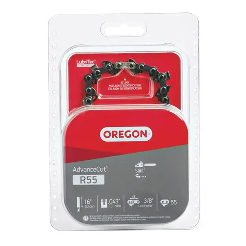 Oregon R55 AdvanceCut Chainsaw Chain, 16 in L Bar, 0.043 Gauge, 3/8 in TPI/Pitch, 55-Link