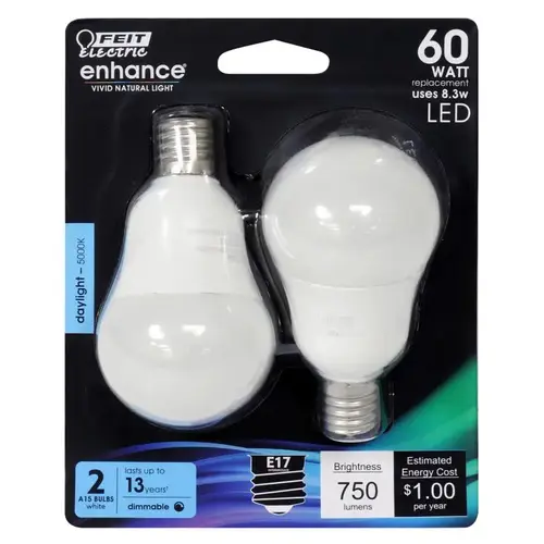 LED Bulb, General Purpose, A15 Lamp, 60 W Equivalent, E17 Lamp Base, Dimmable, White  - 2 per pack x6 packs