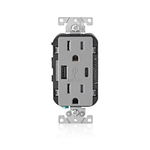 Outlet and USB Charger Decora 15 amps 125 V Type A/C Duplex Gray 5-15R Gray