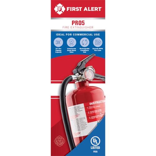 First Alert PRO5 Fire Extinguisher, 5 lb Capacity, Monoammonium Phosphate, 3-A:40-B:C Class, Wall Mounting