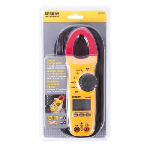 DSA500A Clamp Meter, LCD Display, Functions: AC Current, AC Voltage, Continuity, DC Voltage, Resistance Yellow