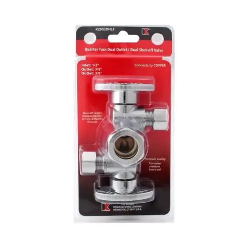 Dual Shut-Off Valve, 5/8 x 3/8 x 3/8 in Connection, Compression, 250 psi Pressure, Brass Body Chrome