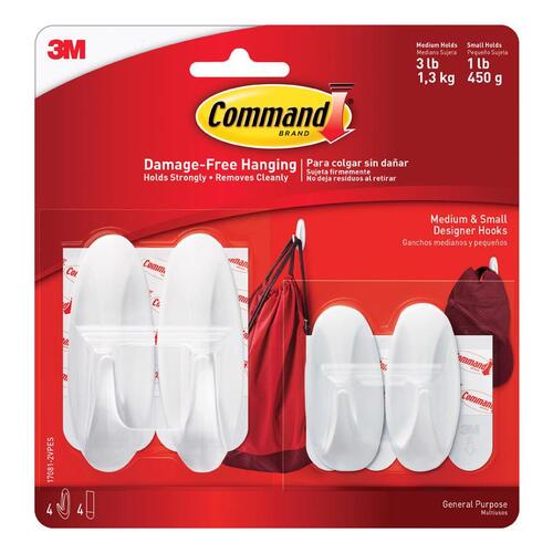 Designer Hooks Command Medium Plastic 3.15" L White