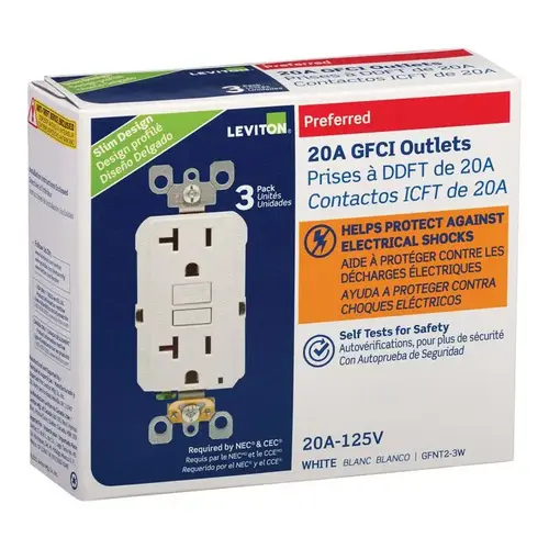 20 Amp Self-Test SmartlockPro Slim GFCI Duplex Outlet, White - pack of 3