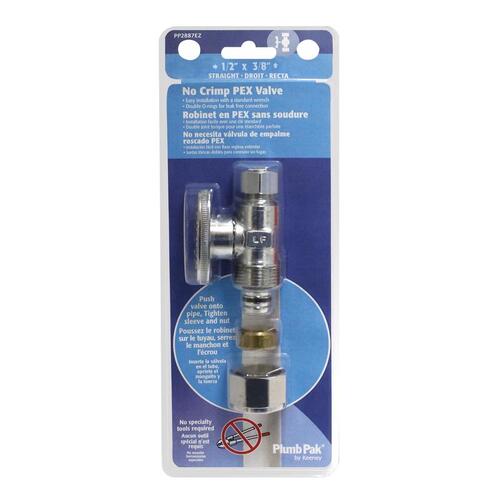 No Crimp Straight Stop Valve, 1/2 x 3/8 in Connection, PEX Barb x Compression, Brass Body Polished Chrome