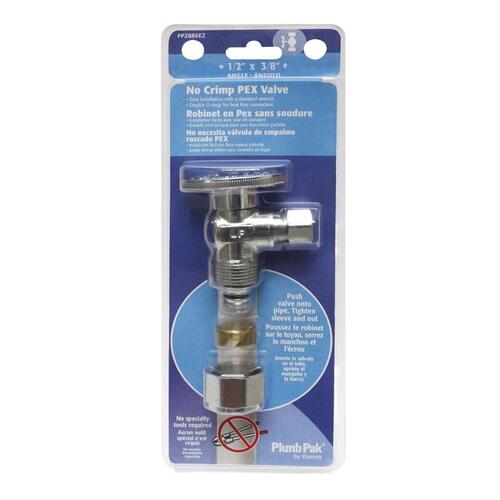 Plumb Pak PP2886EZ No Crimp Angle Stop Valve, 1/2 x 3/8 in Connection, PEX Barb x Compression, Brass Body Polished Chrome