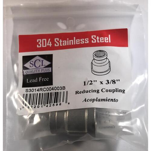 Smith-Cooper 4638101180 Reducing Coupling 1/2" FPT T X 3/8" D FPT Stainless Steel