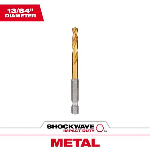 Impact Drill Bit, 13/64 in Dia, 3-1/2 in OAL, Twist Flute, 1/4 in Dia Shank, Hex Shank Titanium-Coated