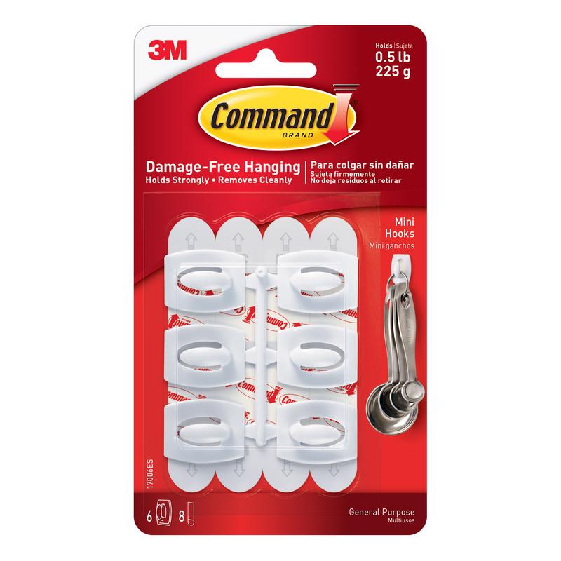 Command 17006ES Mini Hook, 0.5 lb, 6-Hook, Plastic, White - pack of 6