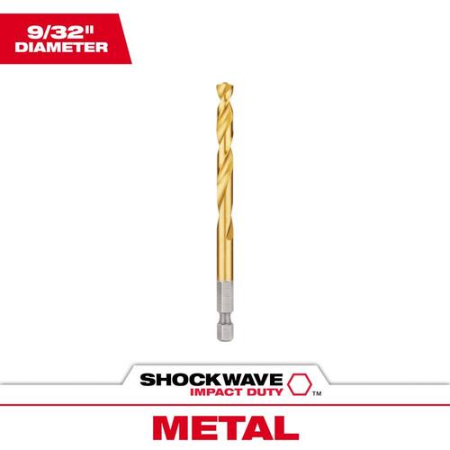 Impact Drill Bit, 9/32 in Dia, 4-1/4 in OAL, Twist Flute, 1/4 in Dia Shank, Hex Shank Titanium-Coated