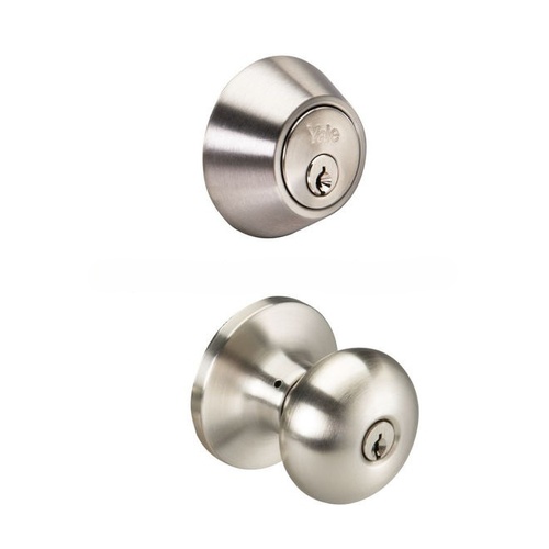 Yale Residential 837SN619 YE Edge Series Combo Sinclair Knob Entry and Single Cylinder Deadbolt with Kwikset Keyway US15 (619) Satin Nickel Finish